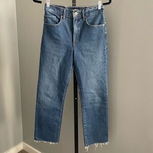 Express High Waisted Medium Wash Raw Hem Cropped Flare Jeans Size 4